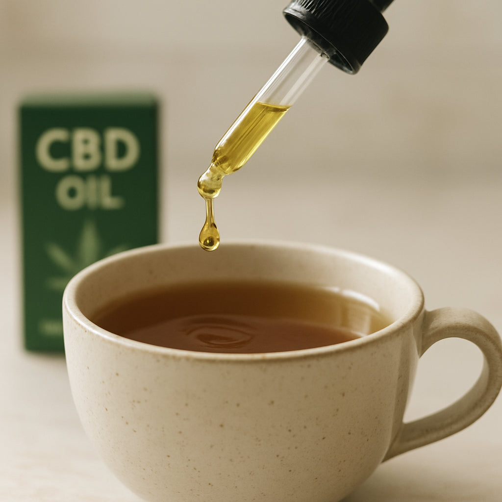 En nærbillede af en dråbe CBD‑olie, der falder i en kop varm te på et lyst køkkenbord. Alt i naturlige farver, med en grøn hampproduktetiket i baggrunden. Alt: "CBD olie dråbe i te – naturlig beroligelse".