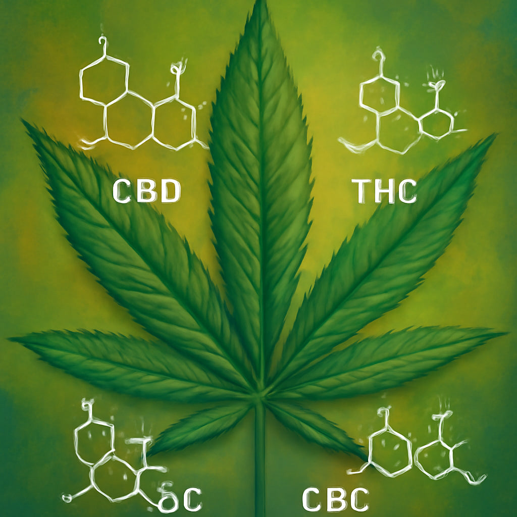 A vibrant close‑up illustration of hemp leaves with labeled cannabinoid structures. Alt: Illustration of CBD, THC, CBG, CBN, CBC in a hemp leaf.