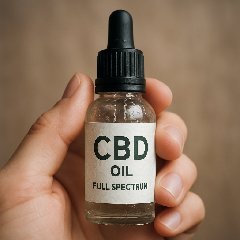 A realistic photo of a hand holding a clear glass bottle of CBD oil, with droplets of water visible on the surface, set against a neutral wooden background. Alt: Transparent CBD oil bottle with water droplets