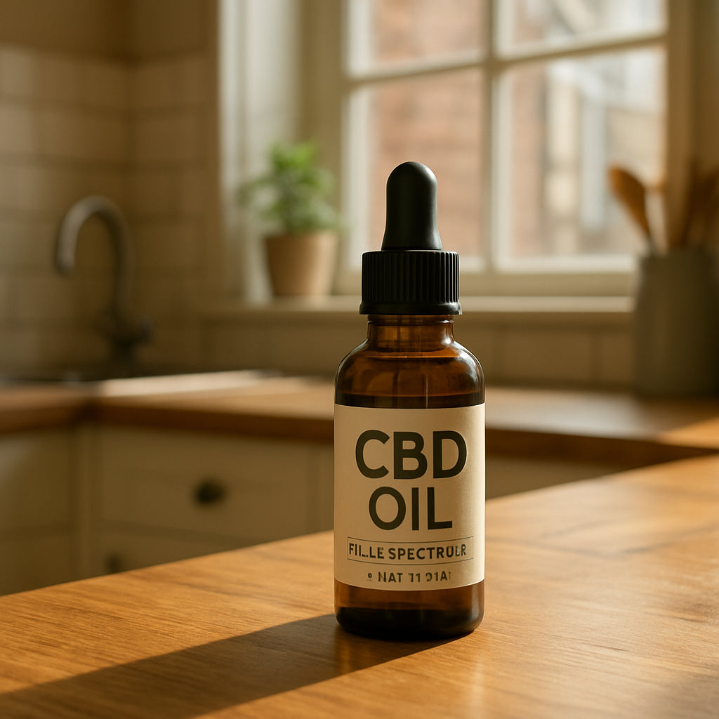 A calm kitchen setting with a glass dropper bottle of CBD oil on a wooden counter, sunlight streaming in through a window. Alt: CBD oil dropper bottle on kitchen counter