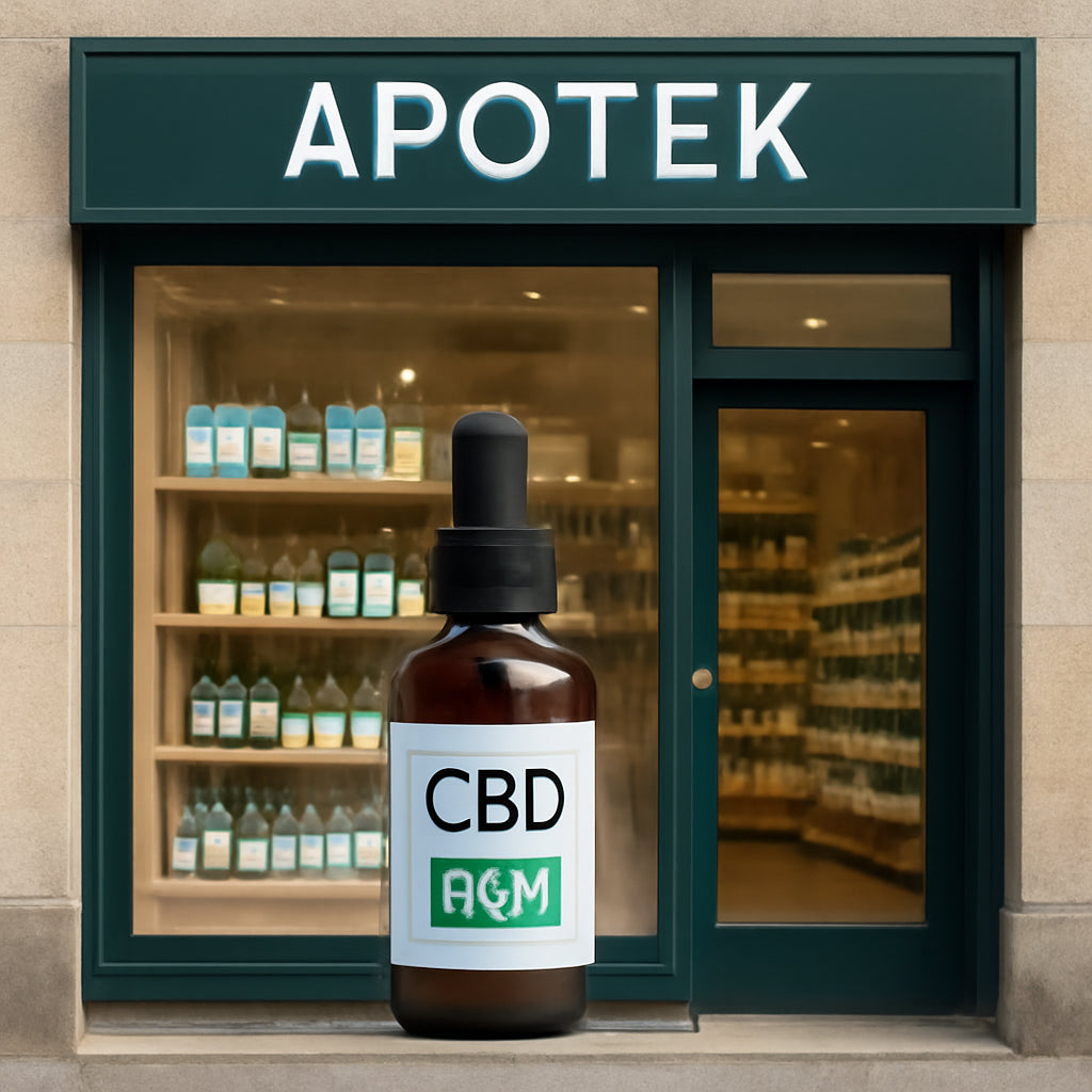 A Danish pharmacy storefront with a CBD product shelf, showing a clear COA label on the bottle. Alt: CBD COA label in a Danish pharmacy
