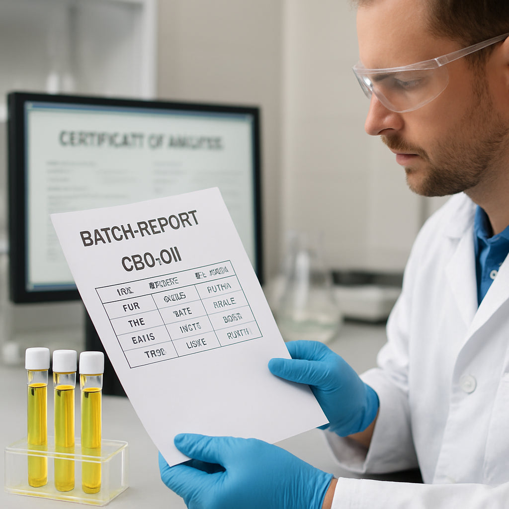 En labtekniker, der gennemgår en batch‑rapport for CBD‑olie med testtuber og certifikater på en skærm. Alt: batch-dokumenteret CBD olie laboratoriumtest
