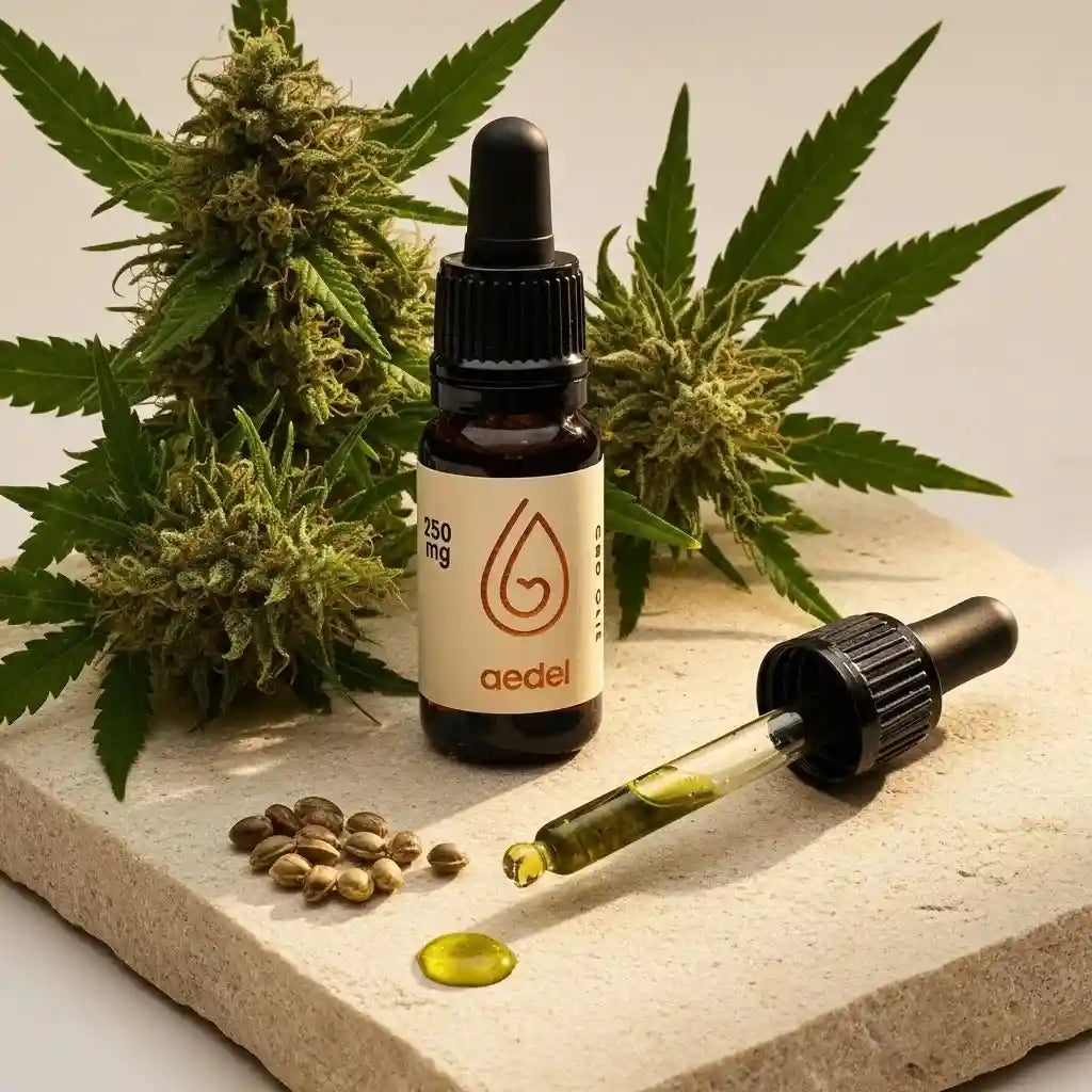 Aedel CBD Olie 250mg flaske med hampplanter og dråber – fremhæver produktets naturlige oprindelse og rene æstetik.