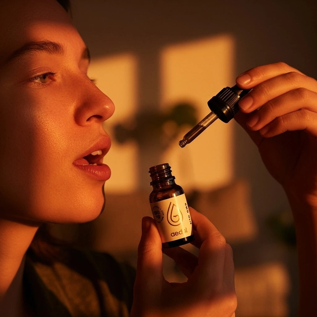 Person bruger Aedel CBD-olie med pipette i varmt sollys – fremhæver renhed, ro og solventfri kvalitet.