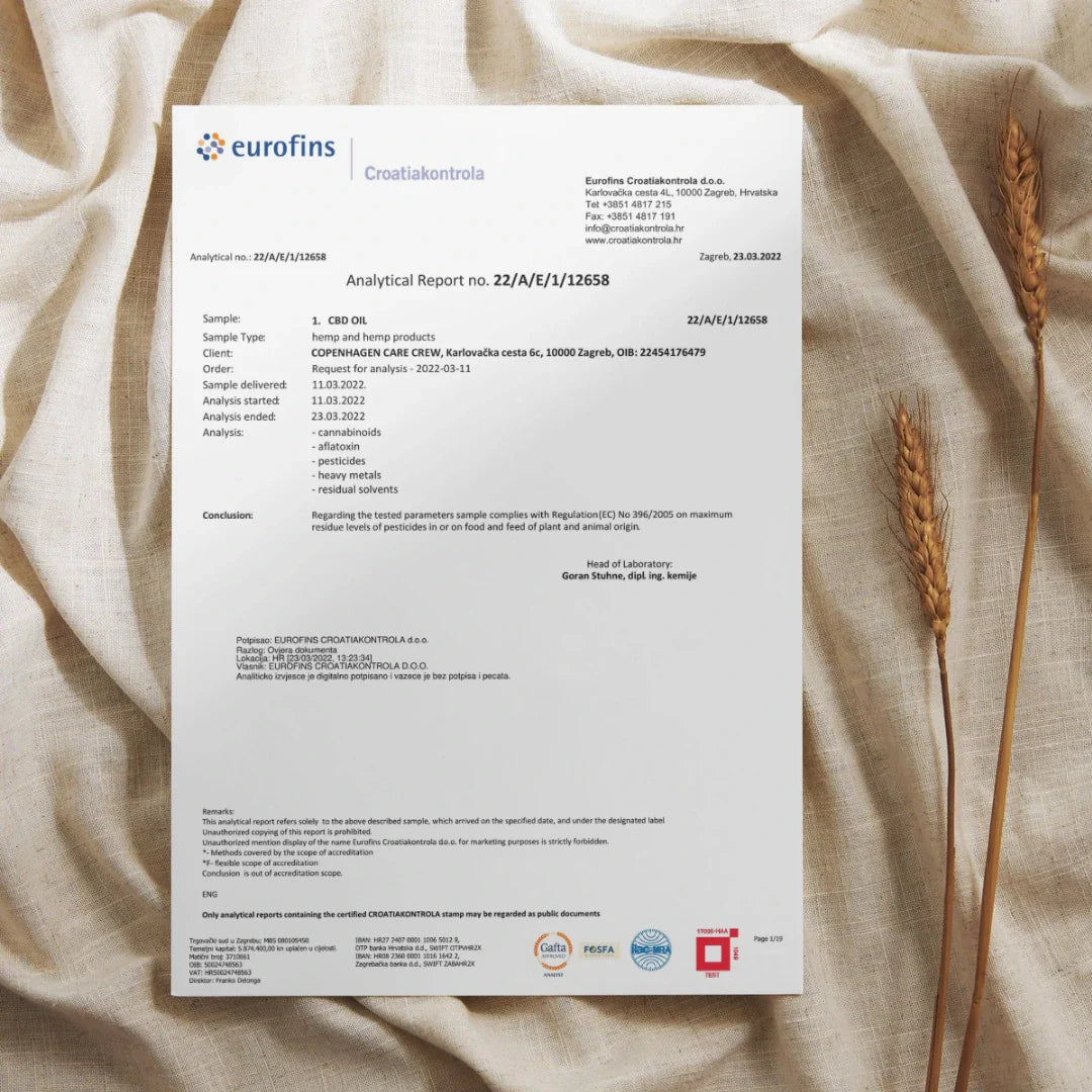 Eurofins laboratorierapport for Aedel CBD Olie på hørklæde – dokumentation for testet kvalitet og gennemsigtighed.