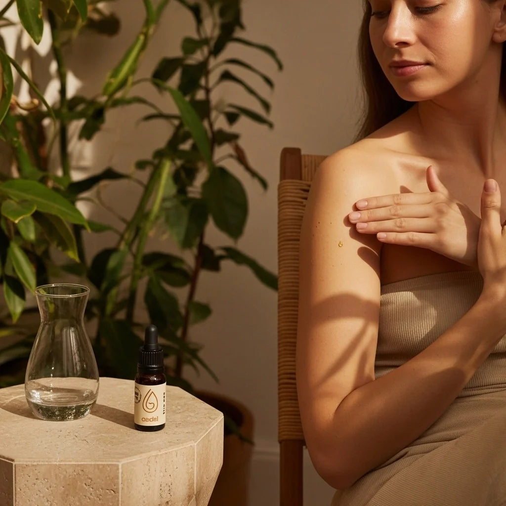 Flaske Aedel CBD Olie placeret ved glas og plante – naturlig skønhed og ro i hjemmets miljø.