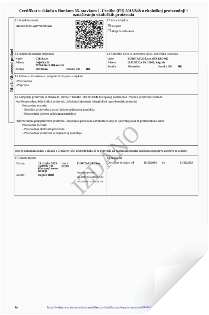 Foto af Eurotalus EU-EKO-09 certifikat – bekræfter Aedel CBD Olie som økologisk og EU-godkendt produkt.