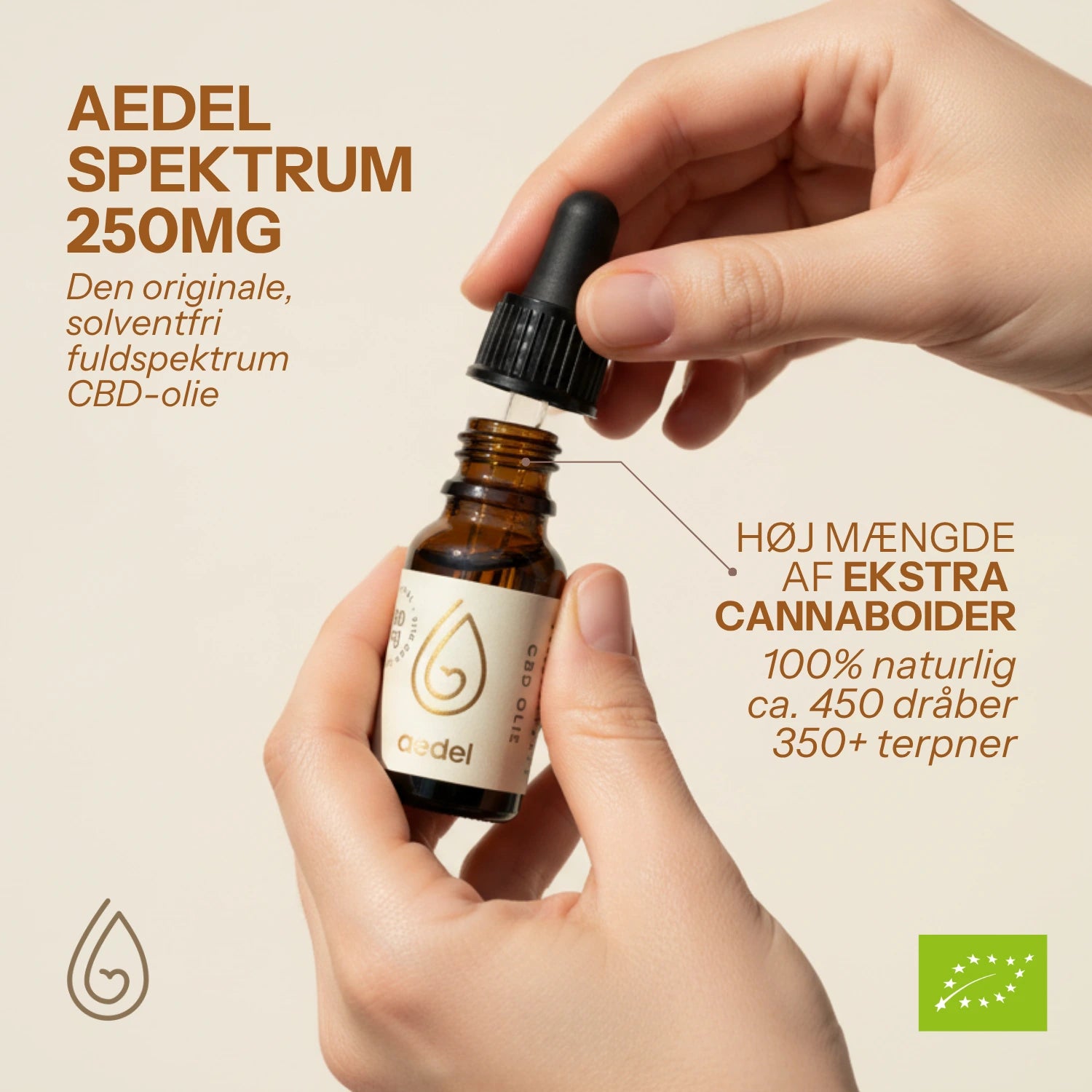 Aedel Spektrum 250 mg solventfri fuldspektrum CBD-olie med pipette – 100 % naturlig, rig på terpener og ekstra cannabinoider.