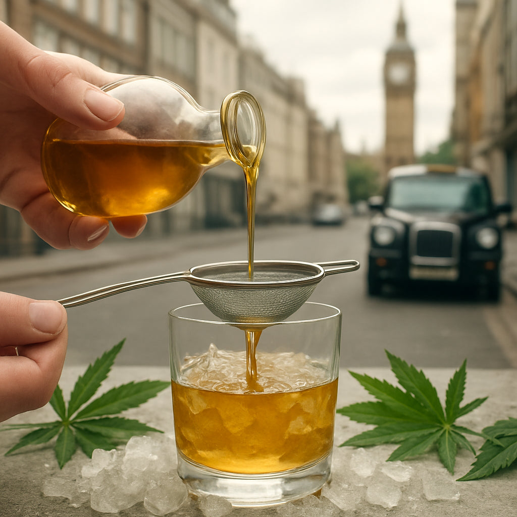 A person gently pouring a clear, amber oil through a fine filter into a glass, surrounded by crushed ice and green plant leaves. Alt: Natural CBD oil extraction process illustration.