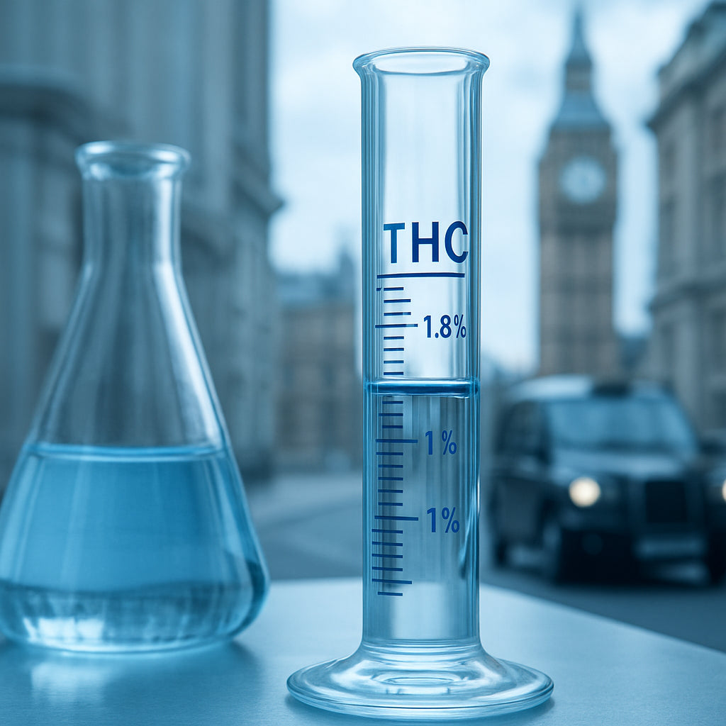 A close-up of a laboratory glassware with a measuring tube, reflecting soft blue light. Alt: Close-up laboratory glassware measuring THC levels.