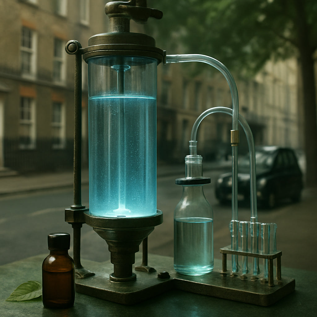 Et køligt, industrielt isvandsekstraktionsværktøj med små rør og en blød, blå belysning, der fremhæver de rene, klare væsker. Alt sammen i en grøn, jordnær atmosfære.