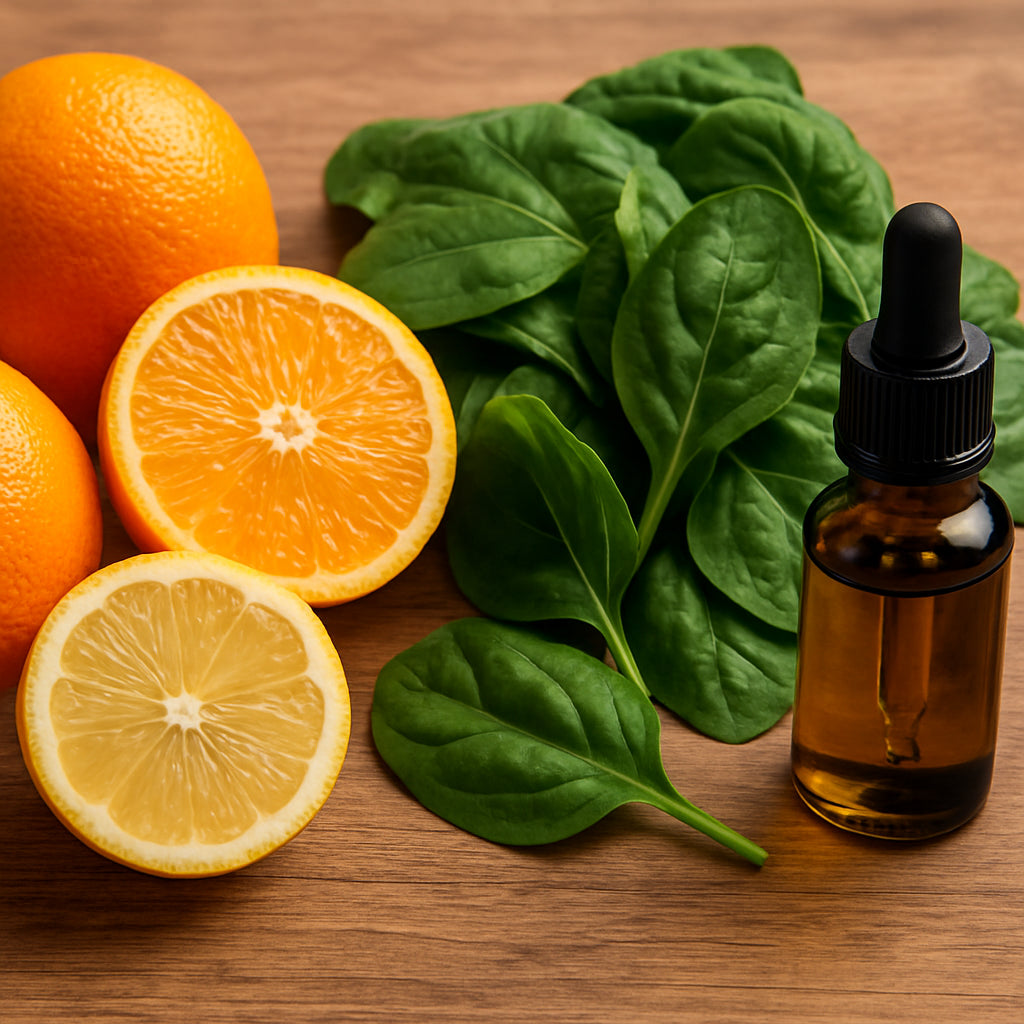 A close‑up of fresh citrus fruits, a handful of spinach, and a dropper of CBD oil on a wooden surface, illustrating the natural source of flavonoids. Alt: Citrus and spinach flavonoid illustration.