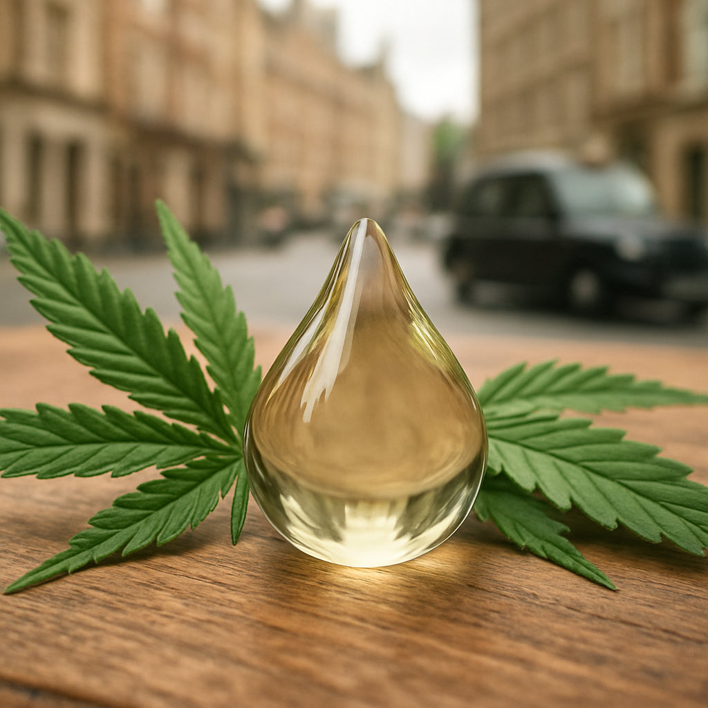A close-up of a glass droplet of CBD oil on a wooden surface, surrounded by fresh cannabis leaves. Alt: Clear CBD oil droplet on natural background.