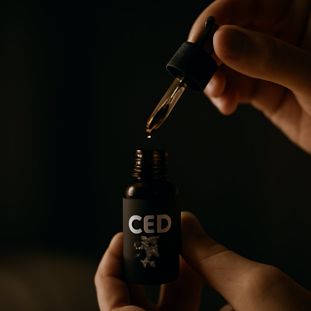 A person holding a CBD oil bottle with a dark background, soft lighting, showing the dropper and a night‑time setting. Alt: CBD oil bottle with dropper on bedside table.