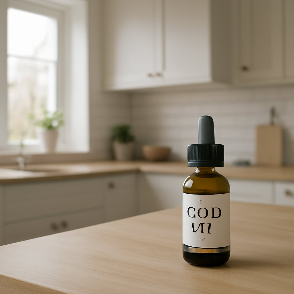 A calm Scandinavian kitchen with a small glass bottle of CBD oil on the counter. Alt: CBD olie flaske i rolig køkken.
