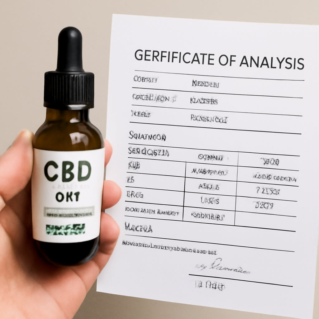 A person holding a bottle of CBD oil with a printed Certificate of Analysis, close-up shot showing the document details. Alt: Certificate of Analysis document next to a CBD oil bottle