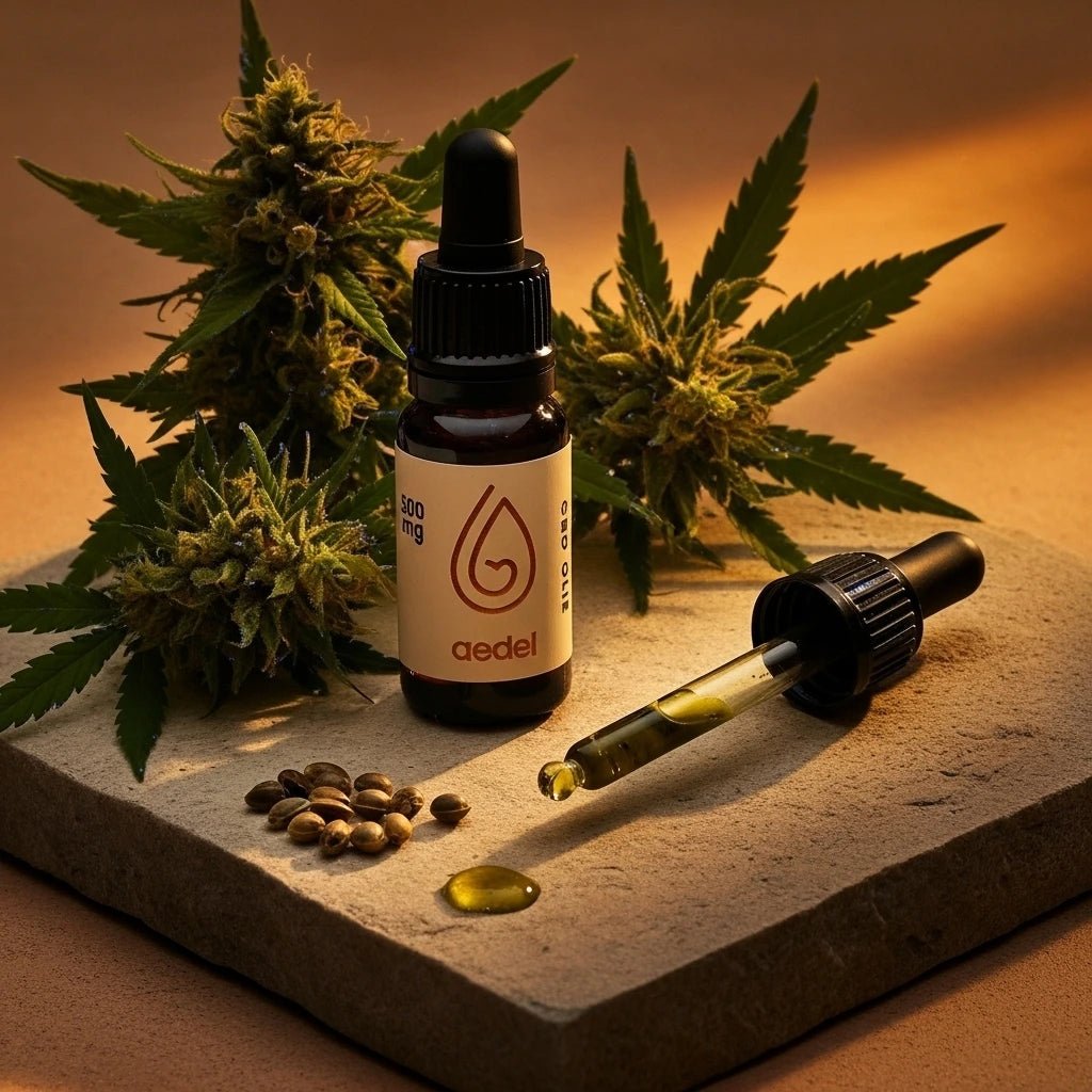 Aedel CBD Olie 500mg flaske med hampblomster, frø og dråber – symboliserer fuldspektret naturlig ekstraktion og kvalitet.
