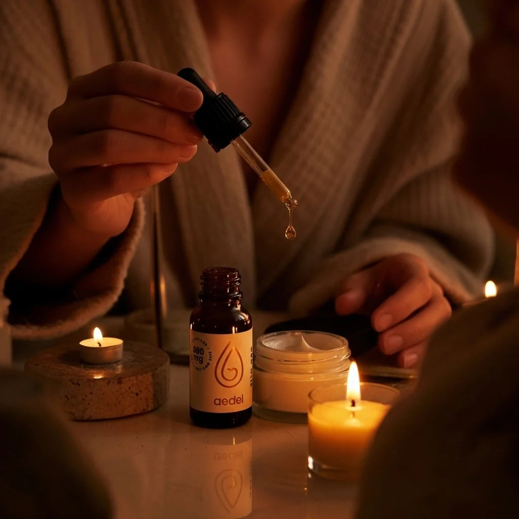 Aedel CBD Olie bruges ved levende lys – luksuriøs selvpleje og aromatisk ro i aftentid.