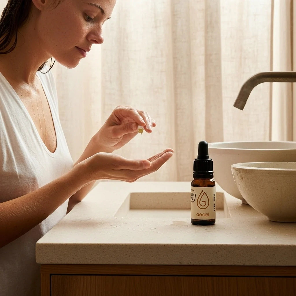 Aedel CBD Olie står ved håndvask i badeværelse – symbol på renhed, balance og daglig selvomsorg.