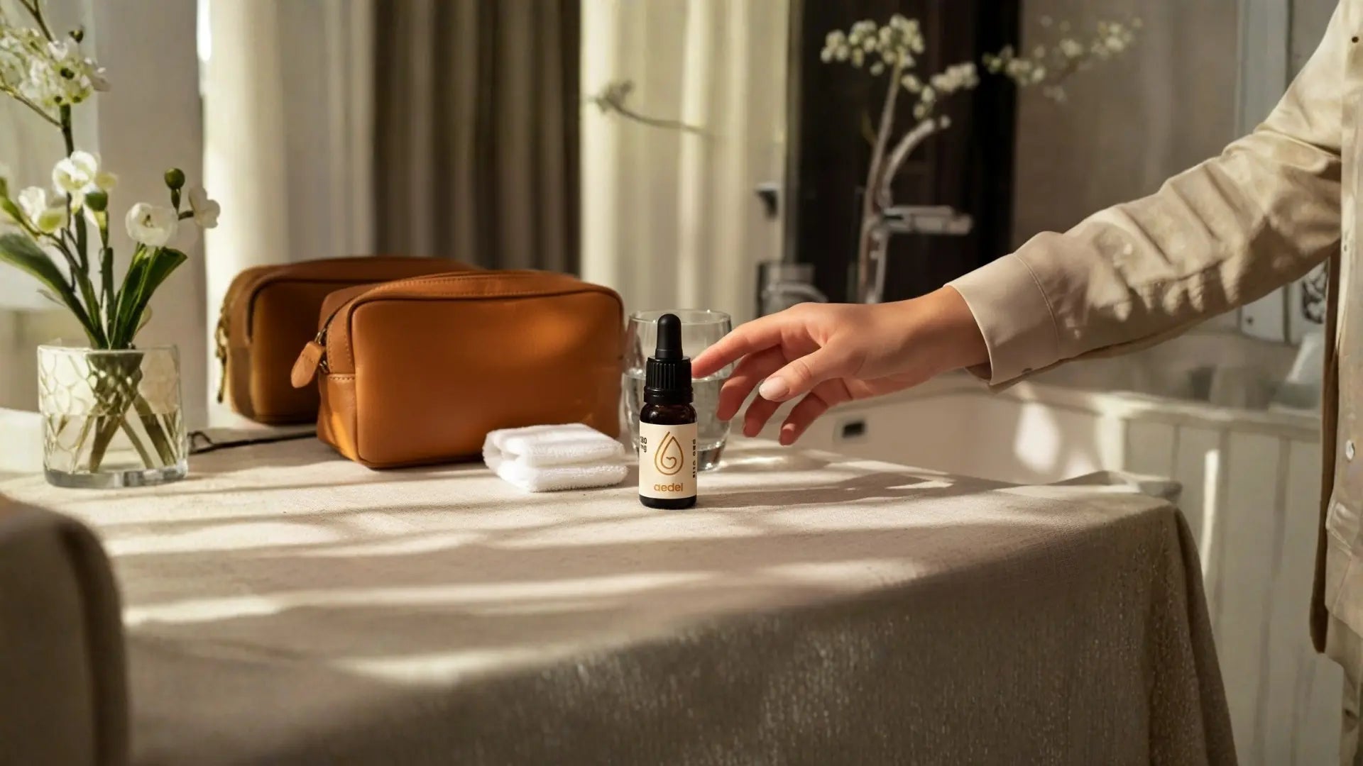 Aedel CBD Olie står på et bord i morgensol ved siden af toilettaske og blomster – illustrerer ro, luksus og daglig velvære.