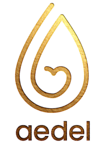 Aedel CBD Olie logo i guld – minimalistisk dråbedesign, symbol på naturlig dansk kvalitet og ren hampolie.