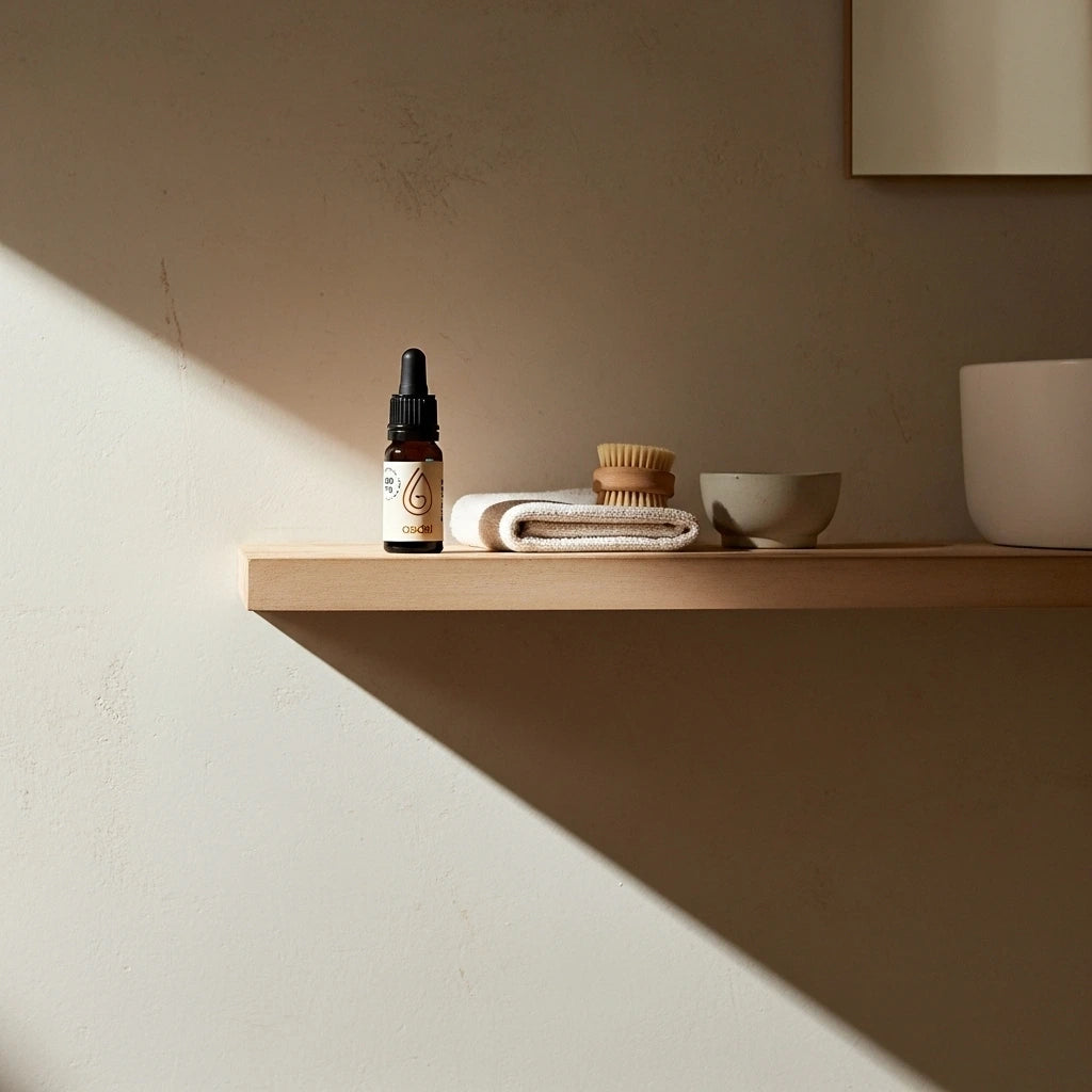 Aedel CBD-olieflaske står på en hylde i et roligt, minimalistisk badeværelse – symbol på naturlig balance og dansk håndværk.