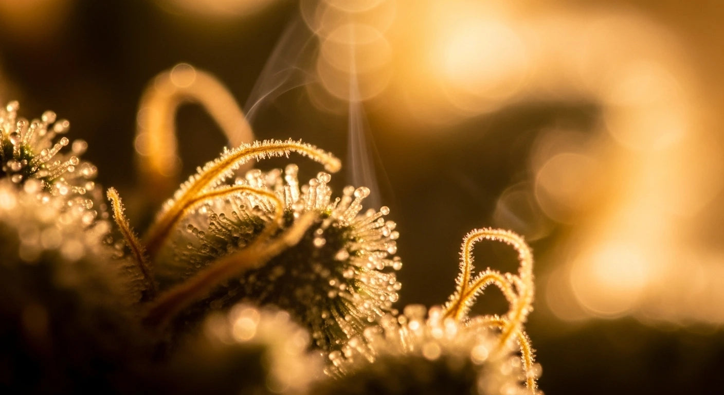 Makrofoto af hampens trichomer i gyldent lys – viser kilden til Aedel CBD Olie’s naturlige styrke og renhed.