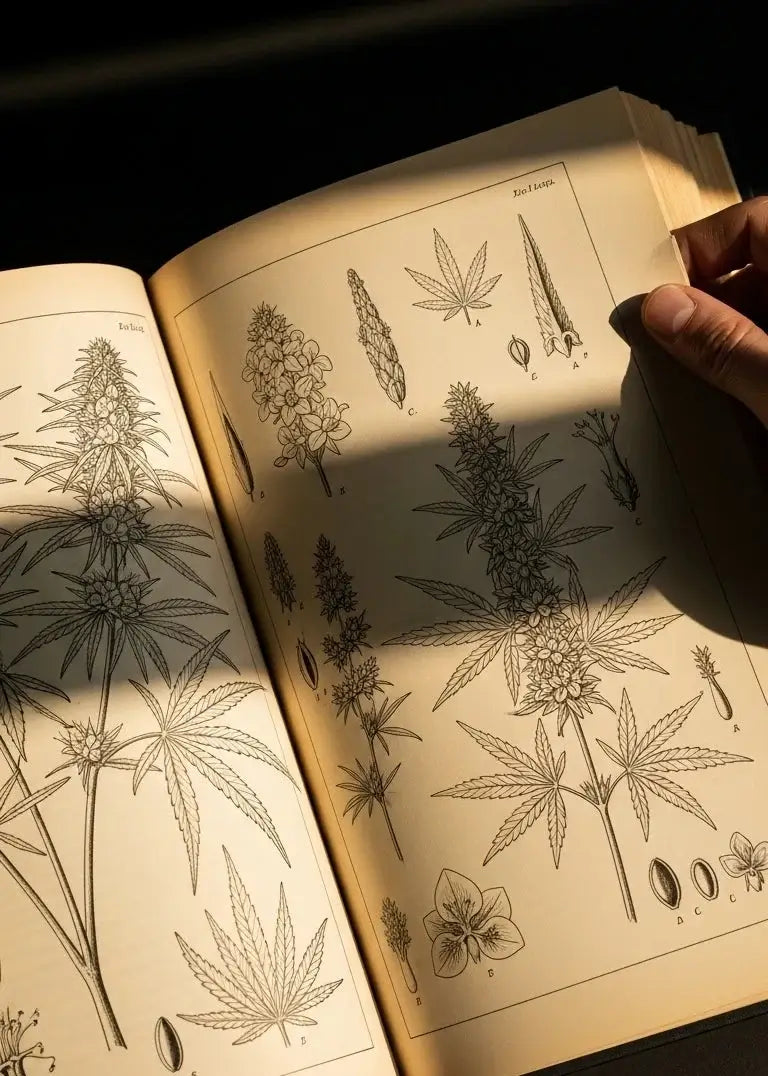 En åben botanisk bog med illustrationer af hamp – symbol på Aedels viden, historie og ærlige formidling af fakta om CBD.