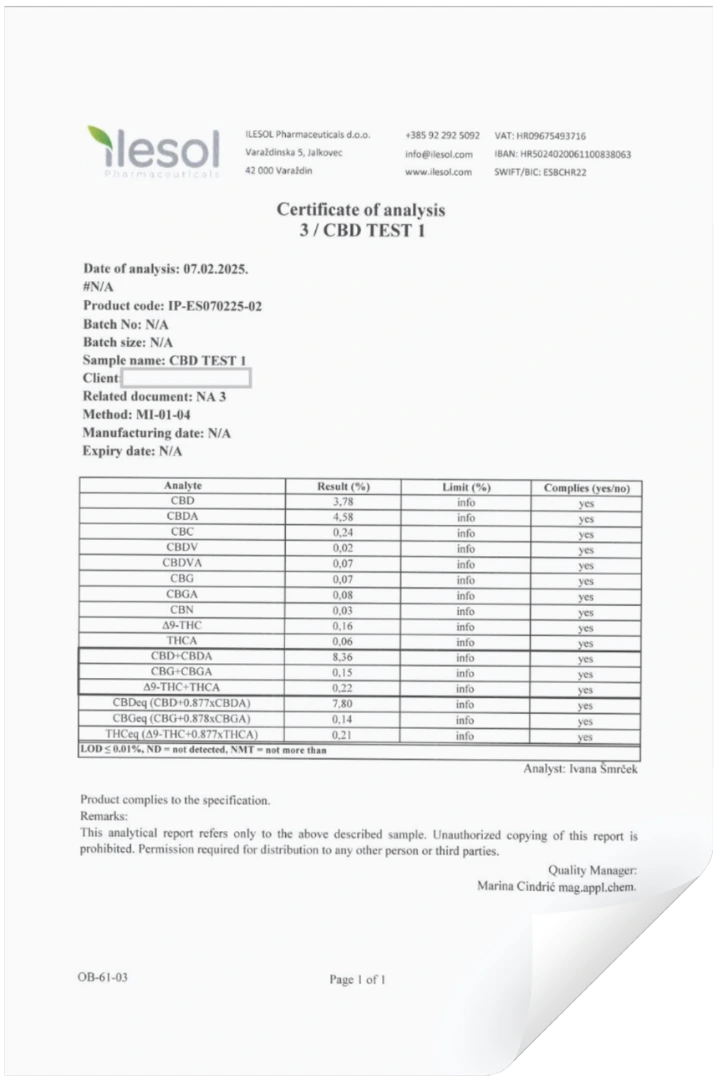 Foto af Ilesol Pharmaceuticals analysecertifikat – viser Aedel CBD Olie data, cannabinoidprofil og laboratorieverificeret renhed.